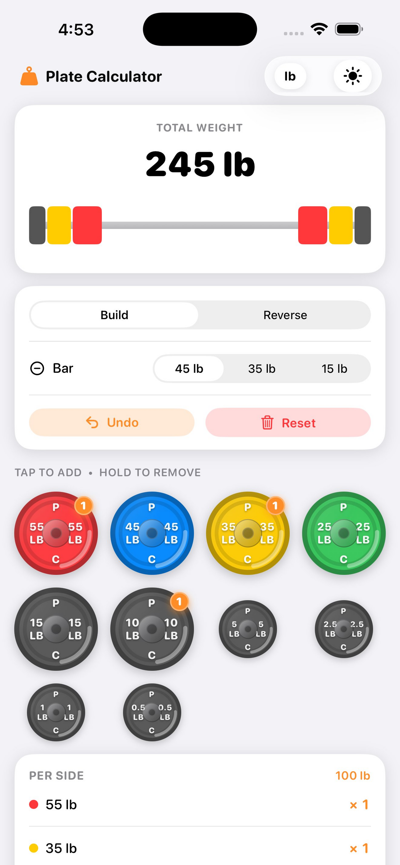 Plate Calculator Build mode 245 lb screenshot